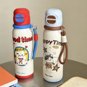 Cute cartoon dual-drink insulated water bottle, portable stainless steel vacuum flask for students.