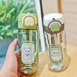 Cartoon Tier Kinder Strohhalm Becher Tritan Kunststoff Auslaufsicher Wasserflasche Sprungdeckel Tragbare Schule Reise Trinkbecher Für Kinder Studenten