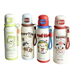 Cute cartoon double drink stainless steel vacuum insulated water bottle with portable strap