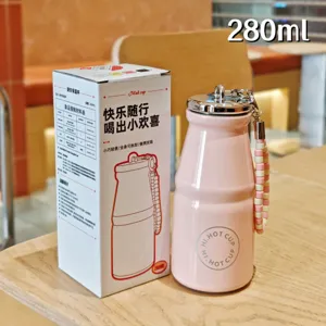Mini pink 280ml stainless steel thermos cup, vintage milk bottle design with portable strap.