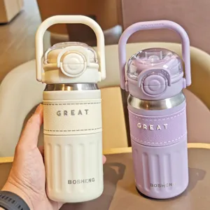 Stainless steel insulated water bottle with straw and handle portable outdoor vacuum cup