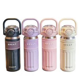 Fashionable stainless steel vacuum water bottle with straw and handle, multi-color main view.
