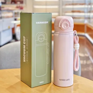 Edelstahl Vakuum isolierte Wasserflasche mit Strohhalm Deckel und rosa Farbdesign 500ml