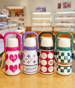 Stainless steel insulated water bottle with portable handle and cute retro design style.