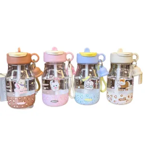 Cute dual-drinking plastic water bottle with straw, portable large capacity student cup.