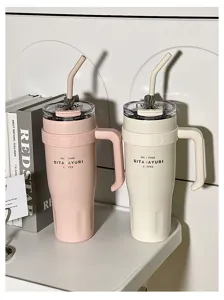 Large capacity stainless steel insulated tumbler with handle straw car portable cup design