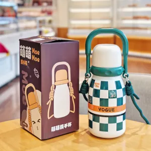 Stainless steel vacuum thermos cup with portable handle and green check pattern, 680ml capacity.