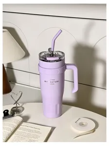 Stylish purple stainless steel tumbler with handle and straw, large capacity travel mug.