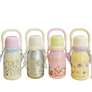 Edelstahl Vakuum Isolierflasche mit niedlichem Blumendesign und tragbarem Griff für Alltag.