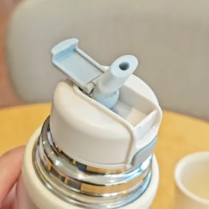 Stainless steel vacuum insulated water bottle lid detail showing straw spout and flip-top lock.