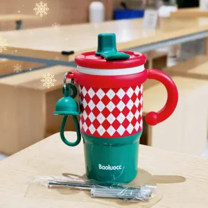 Christmas insulated tumbler with handle and straw, festive red green vacuum office water cup.