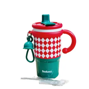 Christmas insulated straw cup with handle red green plaid vacuum mug for office gift