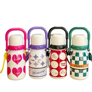 Portable insulated water bottle set featuring colorful designs, handles and stainless steel vacuum body.