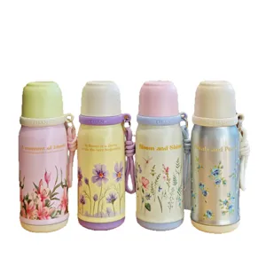 Stainless steel vacuum insulated water bottle with cute floral design and portable lanyard.