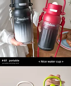 Outdoor portable gradient stainless steel water bottle with dual-drink lid and carrying strap.
