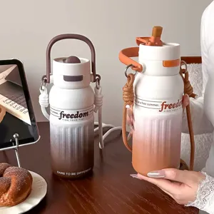 Gradient stainless steel thermos water bottle with strap portable outdoor student direct drinking cup
