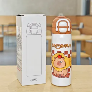 Χαριτωμένο θερμός καπιμπάρα 600ml με καπάκι, φορητό ανοξείδωτο μπουκάλι νερού για παιδιά.