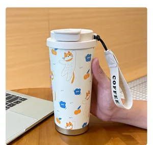 Tasse de café de voyage en acier inoxydable avec motif chat, sangle portable et couvercle étanche.