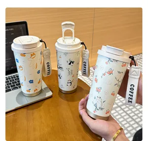 Tasse à café isotherme en acier inoxydable avec sangle portable, design de dessin animé mignon.