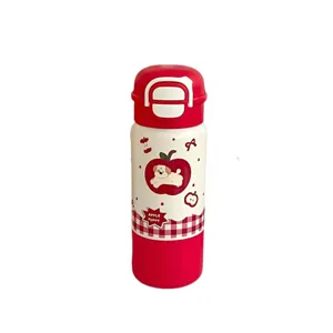 Rote Edelstahl Vakuum Thermosflasche mit süßem Welpen- und Apfelmotiv sowie Doppeltrinkdeckel.