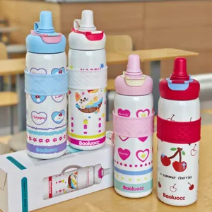 Stainless steel insulated water bottle detail, portable double drinking straw cup 600ml.