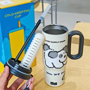 Edelstahl große Thermobecher mit Griff, Strohhalmdeckel und Filterrohr für den Alltag.
