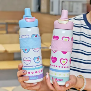 Cartoon stainless steel dual-drink thermos cup with silicone grip, portable vacuum water bottle.