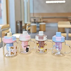 High borosilicate glass straw cup with handle, tea infuser, and cute cartoon dog prints.