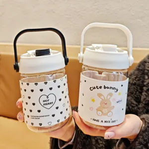 Portable PC Plastic Water Bottle With Anti-Scald Leather Sleeve Cartoon Cat Bunny Pattern Dual Drink Coffee Cup For Women Students Office Daily Use