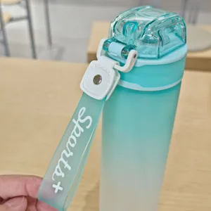 Gradient frosted plastic sports water bottle detail with portable strap and flip-top cap design