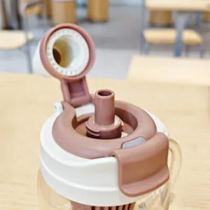Household glass water bottle with straw and pink flip lid, durable borosilicate design.