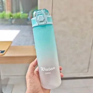 Detail view of a stylish frosted plastic sports water bottle with gradient color and 650ml capacity.