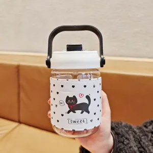 Portable plastic water bottle with cute cat leather sleeve and dual-drink lid for daily use