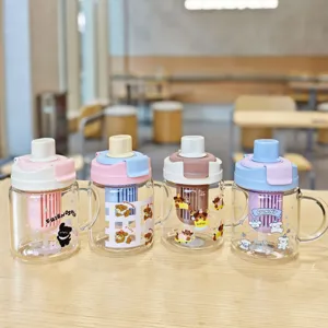Detail view of cute glass water cups with straw, handle, and inner infuser in various pastel colors.