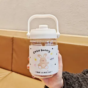 Portable plastic water bottle featuring a cute bunny leather sleeve and dual-drink lid design.
