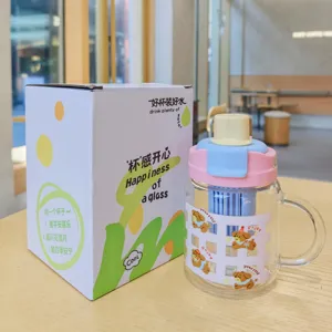 Household high borosilicate glass water bottle with handle, straw lid, and tea infuser.