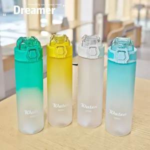 Detailed view of portable frosted plastic sports water bottles in four vibrant colors.