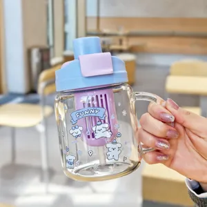 Cute glass water bottle with straw, heat resistant borosilicate cup with handle and tea filter.