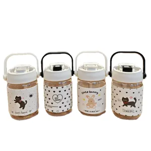 Portable plastic water bottle with cute leather sleeve, double drinking design for daily use.