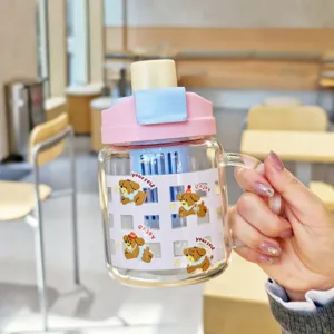 Glass straw water cup with handle cute cartoon dog pattern portable household drinkware