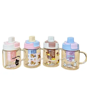 Cute cartoon glass water cup with handle straw and infuser filter for daily use 4pcs set