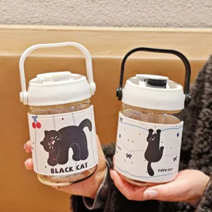 Cute black cat glass water bottle with protective sleeve and portable handle for daily use.