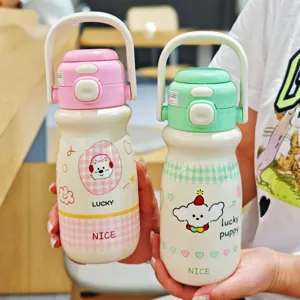 Stainless steel kids thermos water bottle with straw, cute cartoon portable double drink vacuum cup.