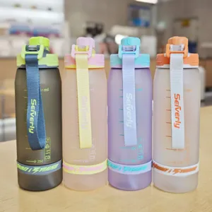 Frosted sports water bottle with strap, large capacity gradient portable plastic cup for outdoor.