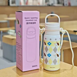 botella térmica de acero inoxidable de 500ml con correa y tierno diseño de perrito para uso diario.