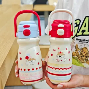 Stainless Steel Vacuum Insulated Water Bottle Cartoon Cute Portable Kids Student Straw Cup With Dual Drinking Lid