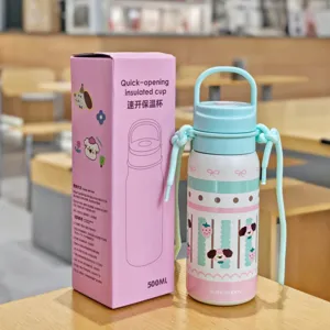 botella de agua térmica de acero inoxidable de 500ml con diseño de perrito y correa.