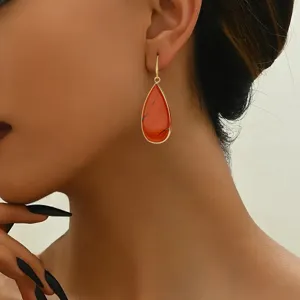 Close-up detail view of the elegant teardrop natural stone earrings showcasing gold-plated edge.