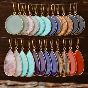 Natural Stone Round Water Drop Earrings For Women Gold Plated Copper Edge Pendant Earrings Light Luxury Jewelry