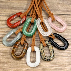 Bohemian Vintage Natural Stone Geometric Oval Ring Pendant Suede Cord Long Necklace Ethnic Style Handmade Costume Clothes Pendant Jewelry For Women Men